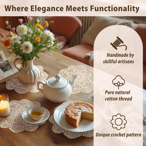 kilofly Crochet Cotton Lace Table Placemats Doilies Value Pack, 4pc, Roma, Beige, 10 inch