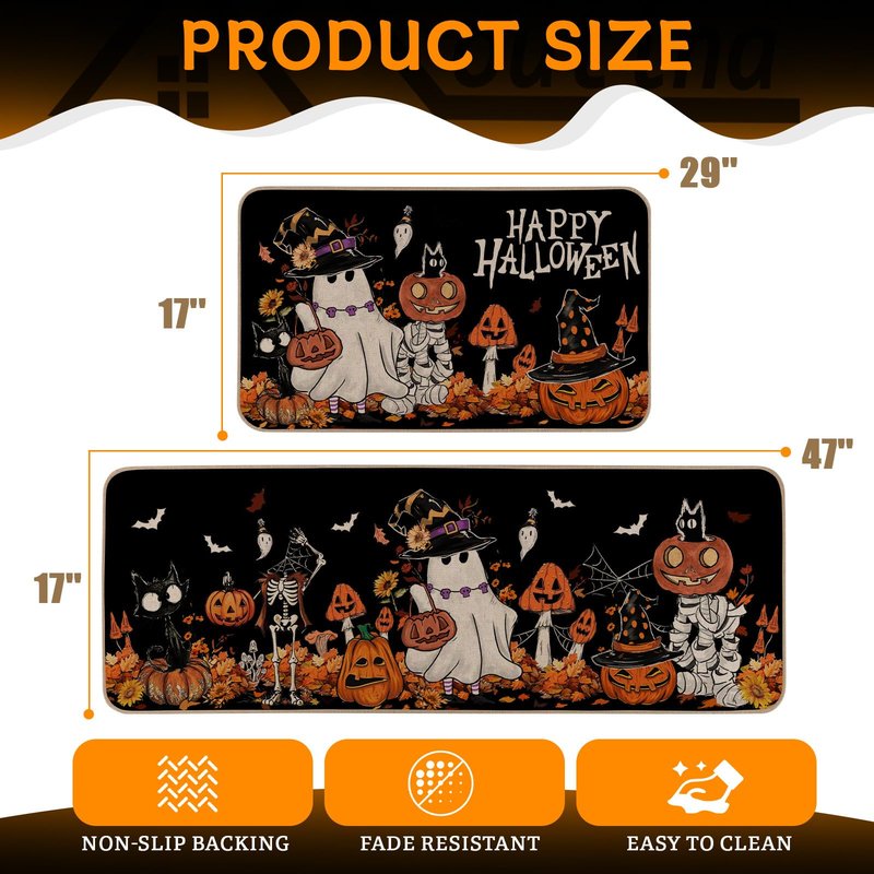 Moutina Happy Halloween Ghost Mushroom Pumpkin Skeleton Decorative Kitchen Rugs Set of 2, Halloween Holiday Party Home Decor Low-Profile Kitchen Mats for Floor - 17x29 and 17x47 Inch Black