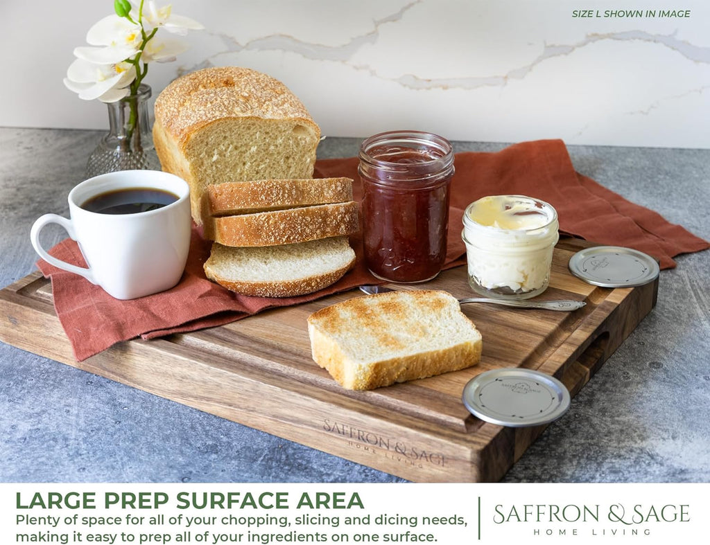 Saffron & Sage Large Wood Cutting Board - Thick Acacia 16 x 12 x 1.5 Inch with Juice Groove & Reversible Design