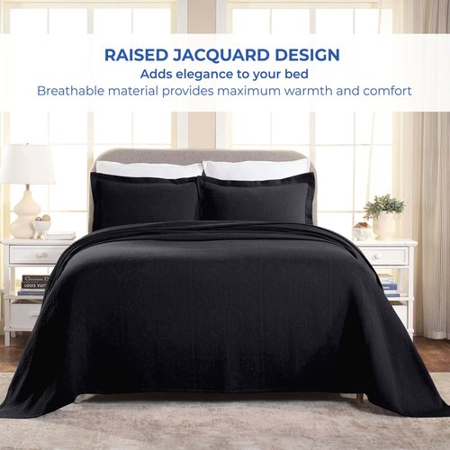 Superior Cotton Fleur De Lis Bedspread Set, Warm Blankets, All-Season Bedding, Bedroom Decor, Decorative Boho Medallion Coverlet, Includes 1 Bedspread, 2 Pillow Shams, Queen, Black
