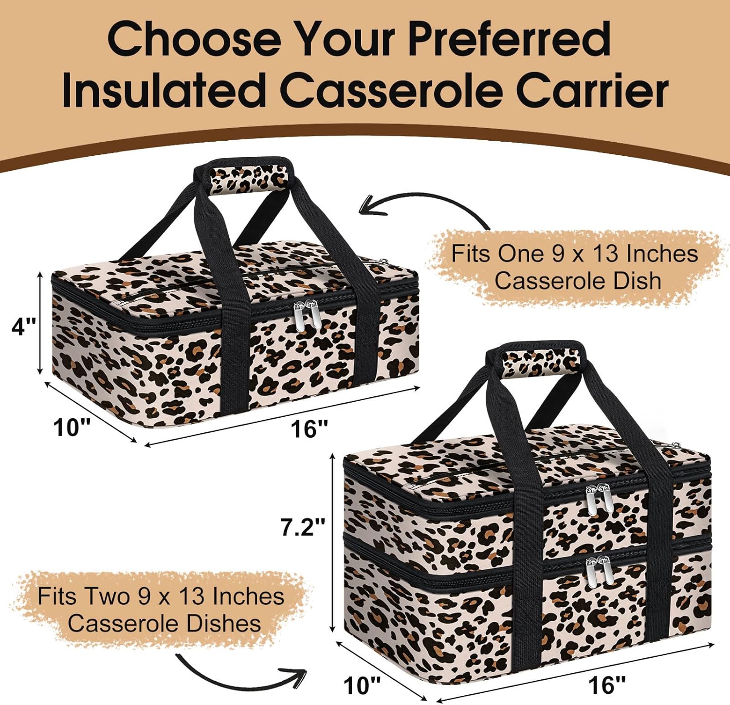 Skiennix Insulated Casserole Carrier - Portable Hot & Cold Food Tote Bag | Fits 9" x 13" Dish - Leopard Print