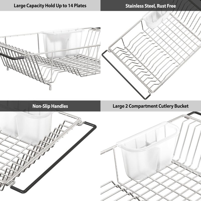 Simple Houseware Large Over Sink Counter Top Stainless Steel Dish Drainer Drying Rack with Utensil Holder, Chrome