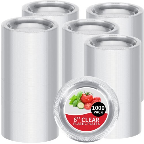 Sabary 1000 Count Clear Plastic Plates 6 Inch Disposable Dessert Plates Round Clear Dinner Supplies for Home Wedding Christmas Party Picnic Restaurant Catering