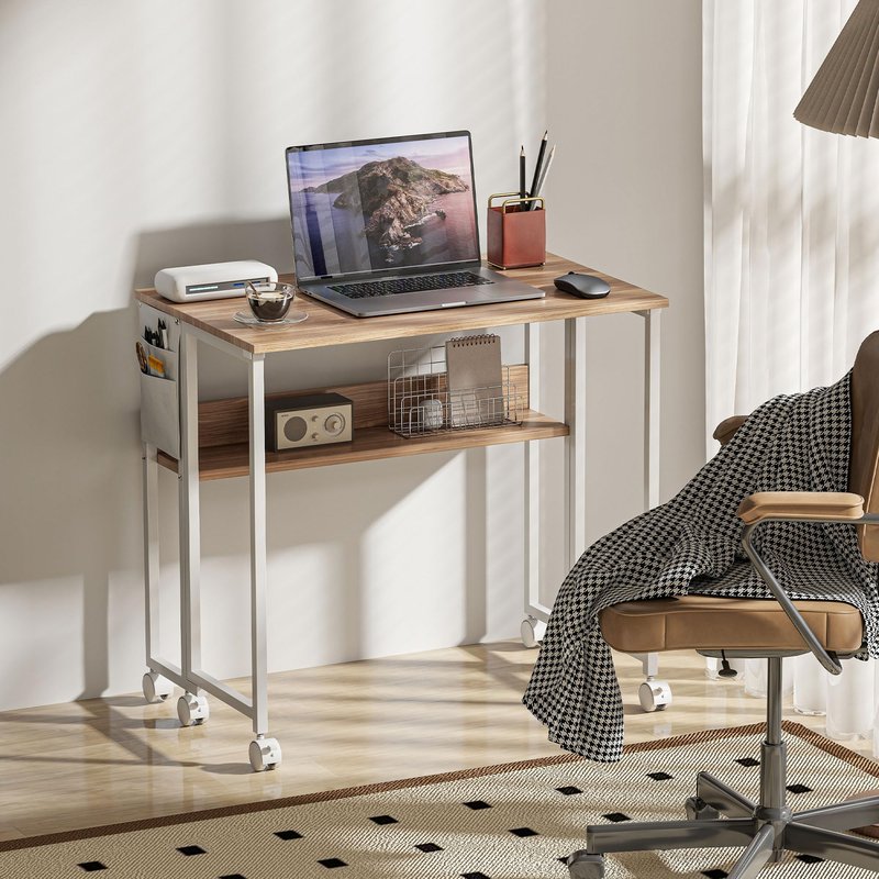 HOMCOM Small Folding Desk, Rolling Computer Desk Foldable with Storage Bag and Shelf, 31.5" Portable Writing Table on Wheels for Small Spaces, Home Office, Study, Easy Assembly, Natural Wood