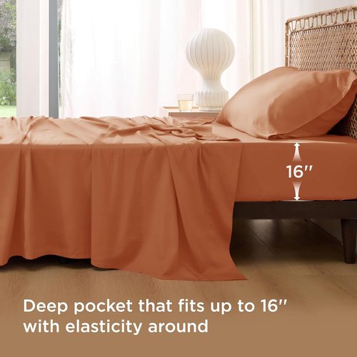Bedsure Cooling Sheets - Twin XL Bamboo Rayon | Breathable & Soft Deep Pocket Bedding, Burnt Orange