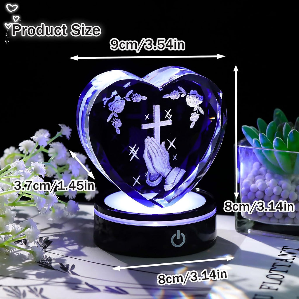 Ornalrist Crystal Heart 3D Praying Hands | Colorful LED Base Night Light Gift for Christians
