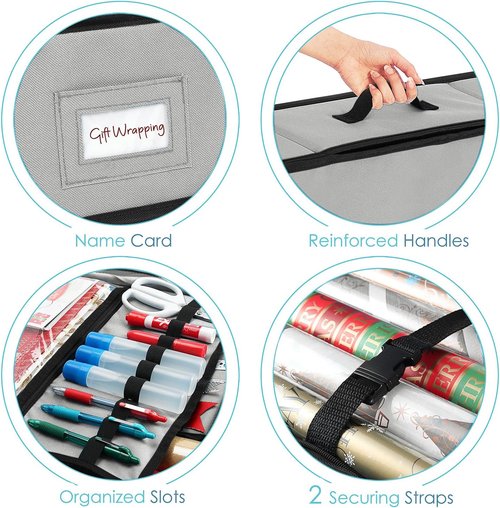 Hearth & Harbor Wrapping Paper Storage Container - Christmas Gift Wrap Organizer with Ribbon Dispenser | Holds 26 Rolls, Silver