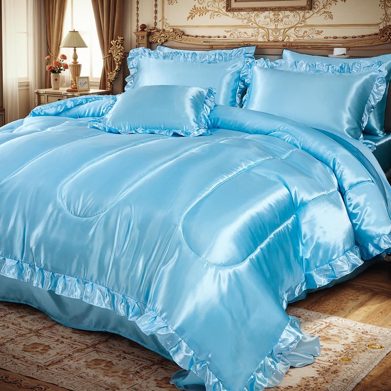 Satin Comforter Set with Sheet Set Full 8 Pcs Silk Like Pink Bedding Set Silky Ruffle Pattern Luxury Silky Comforter Set with 1 Cushion Cover