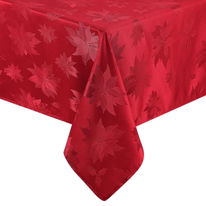 Tegeme Christmas Poinsettia Red Tablecloth Rectangular Reusable Holiday Damask Fabric Table Cloth Jacquard Washable Polyester Spillproof Table Cover for Dinner Xmas Decor(60 x 104 Inch)