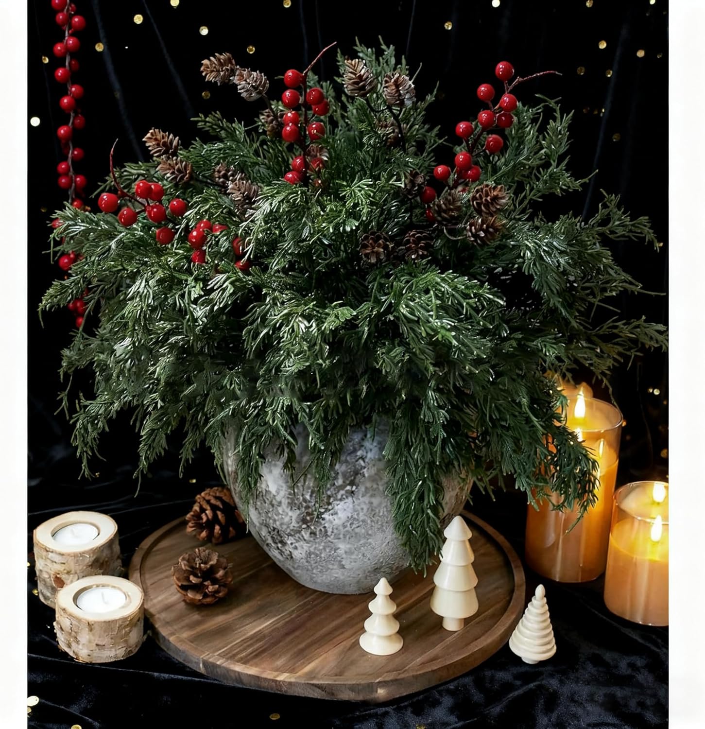 Skiennix Faux Cedar Stems - Realistic Norfolk Pine Branches for Christmas Decor | 12 Stems + Berries + Pinecones