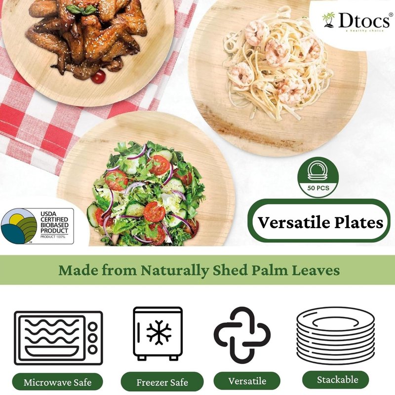 Dtocs Palm Leaf Plates 7 Inch Round (50) | Bamboo Plates Disposable Look Compostable Dinnerware Sets for Cocktail, Appetizer, Dessert, Mini Charcuterie Boards | Alternate to Wooden, Paper, Plastic