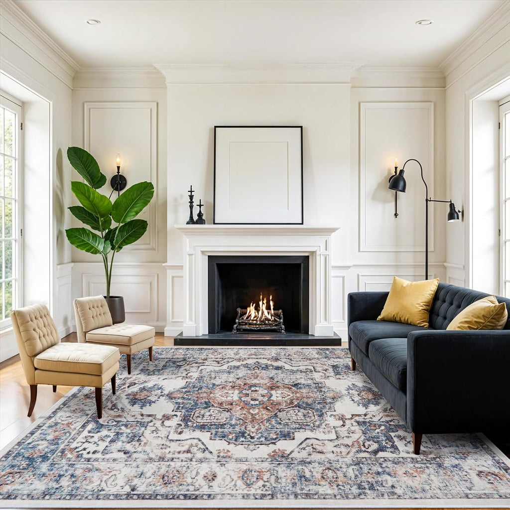 Skiennix Washable 8x10 Living Room Rug - Ultra Soft, Water Resistant Medallion Carpet for Home Decor