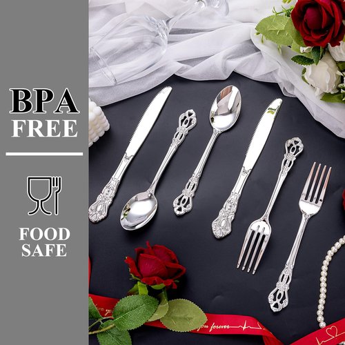 Joyido 40PSC Silver Plastic Cutlery - Vintage Silver Disposable Silverware - Heavyweight Plastic Utensils with 20 Forks, 10Knives, 10 Spoons For Catering, Parties, Dinners and Weddings