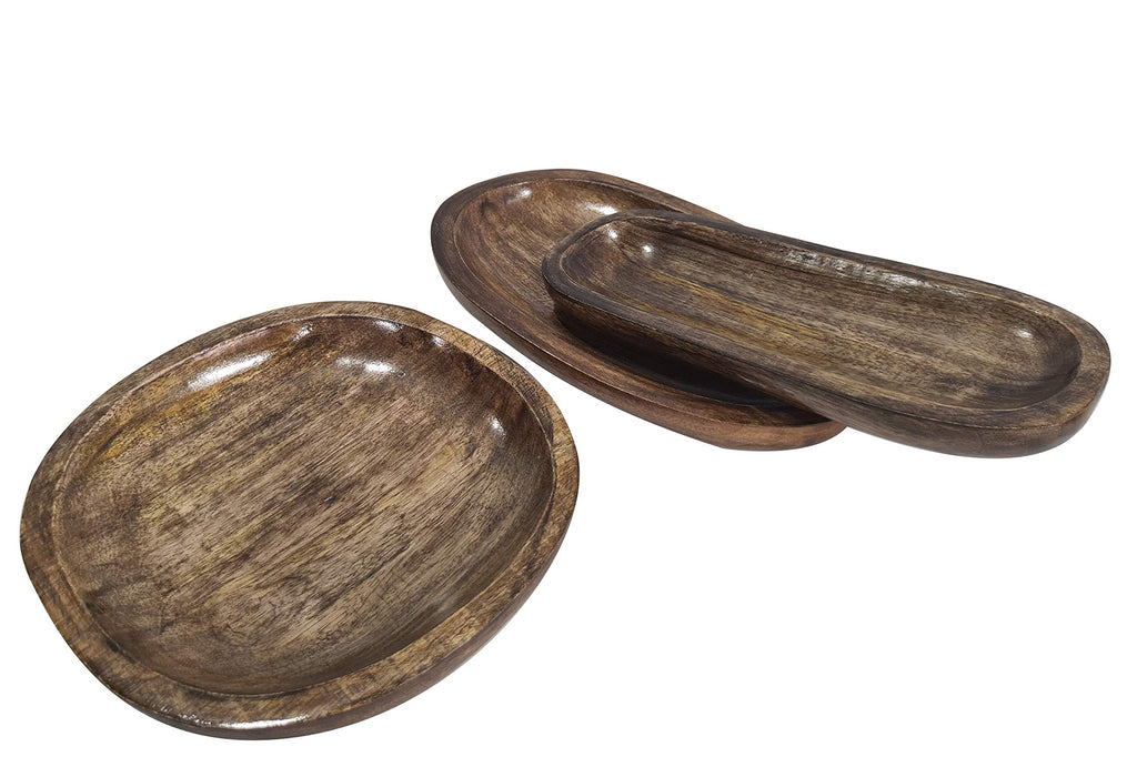 collectiblesBuy Handmade Rustic Brown Wooden Serving Platter Set of 3 Durable Trays for Salad, Snacks, Fruits, Kitchen Décor, Farmhouse Tableware