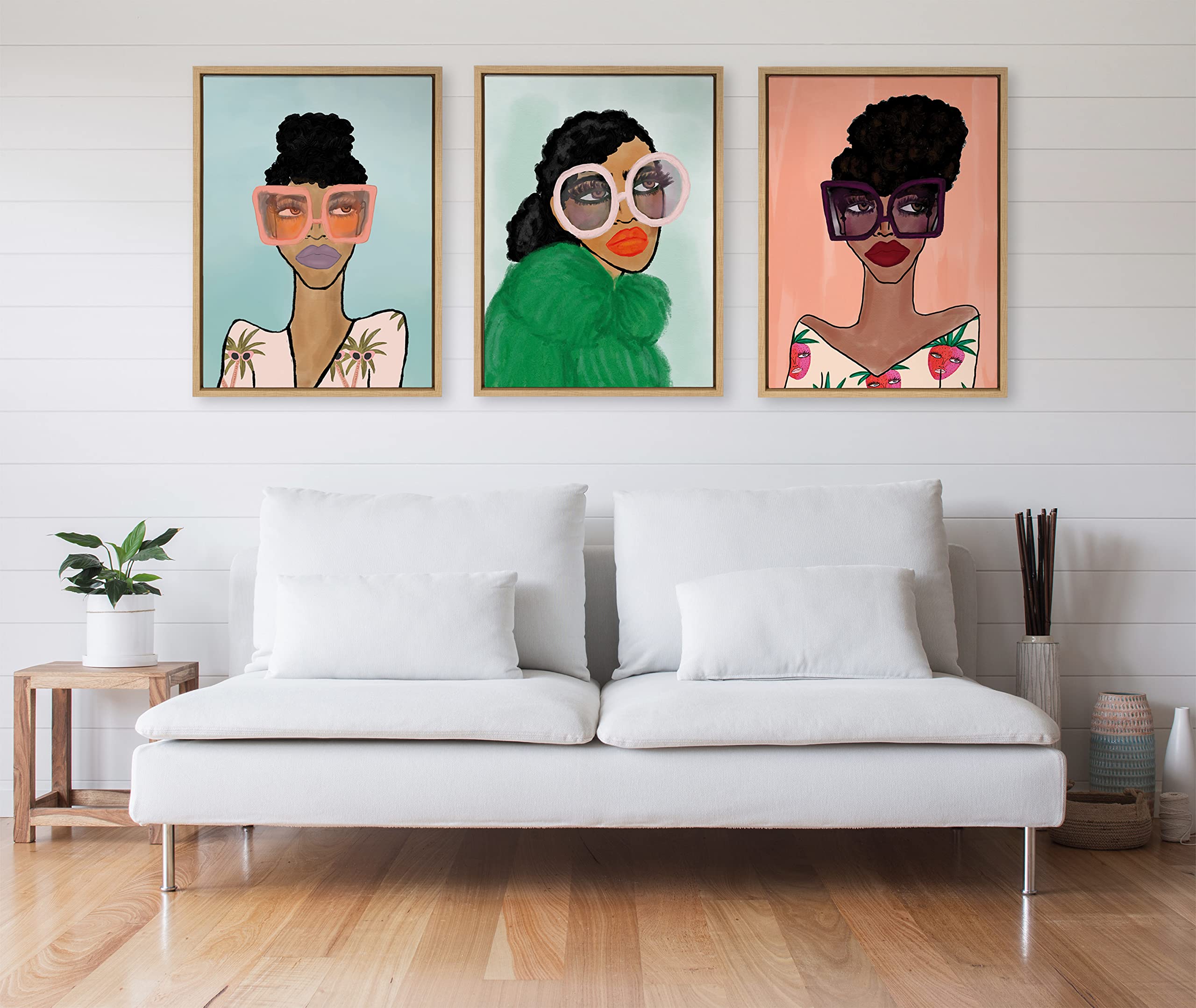 Kate and Laurel Sylvie Fashion Girl 3 Framed Canvas Wall Art by Kendra Dandy of Bouffants and Broken Hearts; 18x24 Natural; Female Face Portrait Art for Wall