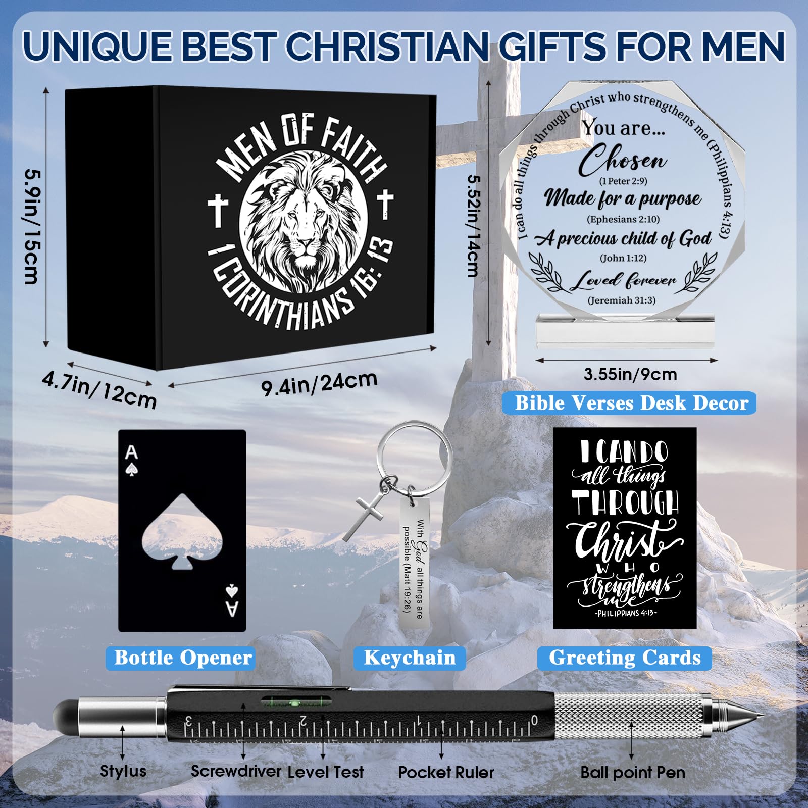 10 Pcs Christian Gifts for Men Faith, Inspirational Religious Gifts, Catholic Gift with 20 Oz Tumbler Bible Verses Crystal Plaque Hat Socks Bracelet Keychain for Husband, Dad, Grandpa, Friends