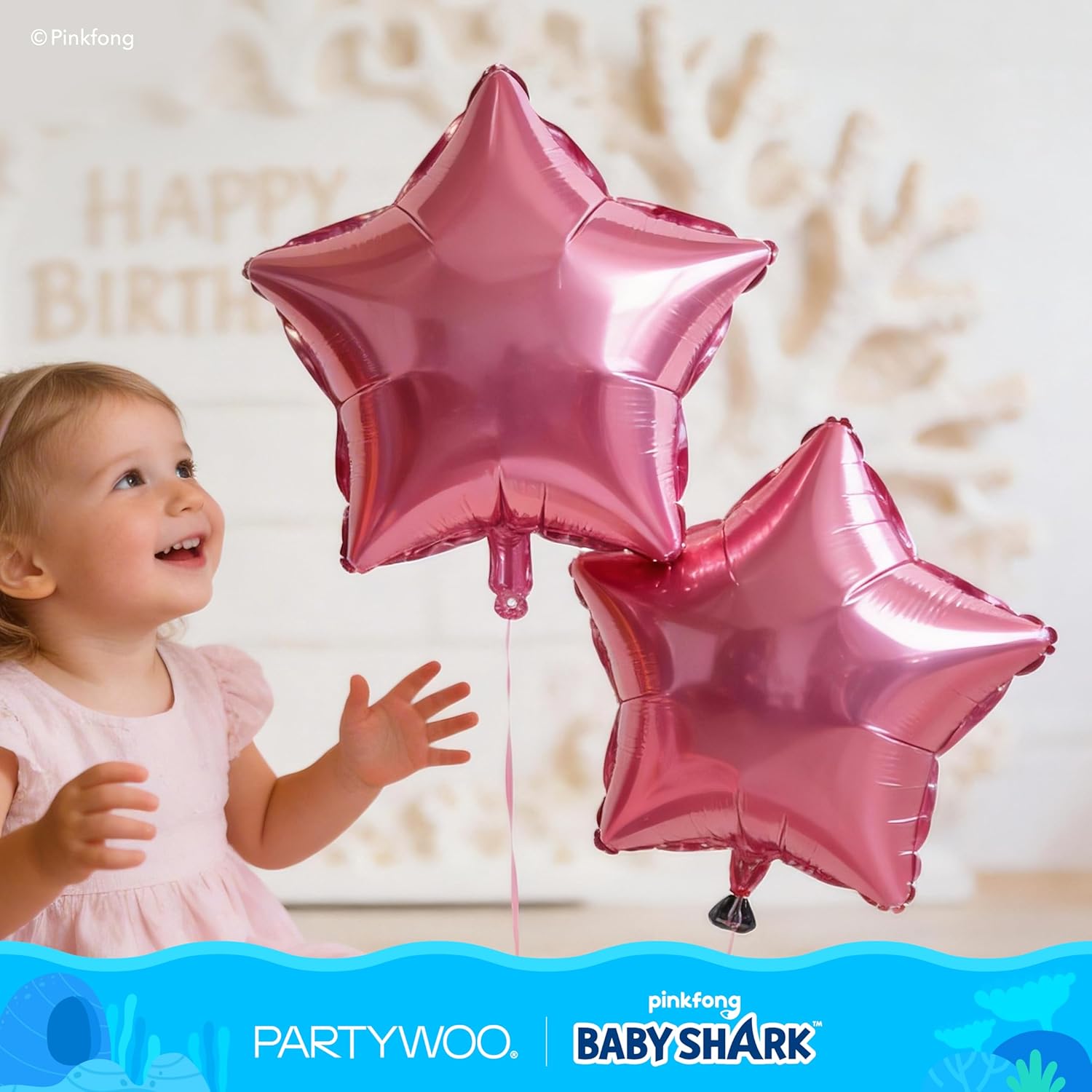 PartyWoo Baby Shark Pink Foil Number 2 Balloon - 5pcs 18-Inch Mylar Helium Birthday Decorations for Kids