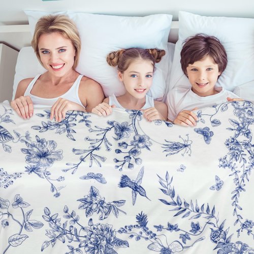 Mindsoft Blue White Flower Blanket Butterfly Soft Throw Blanket Country French 60"x50" Blanket Washable for Spring Summer Fall Party