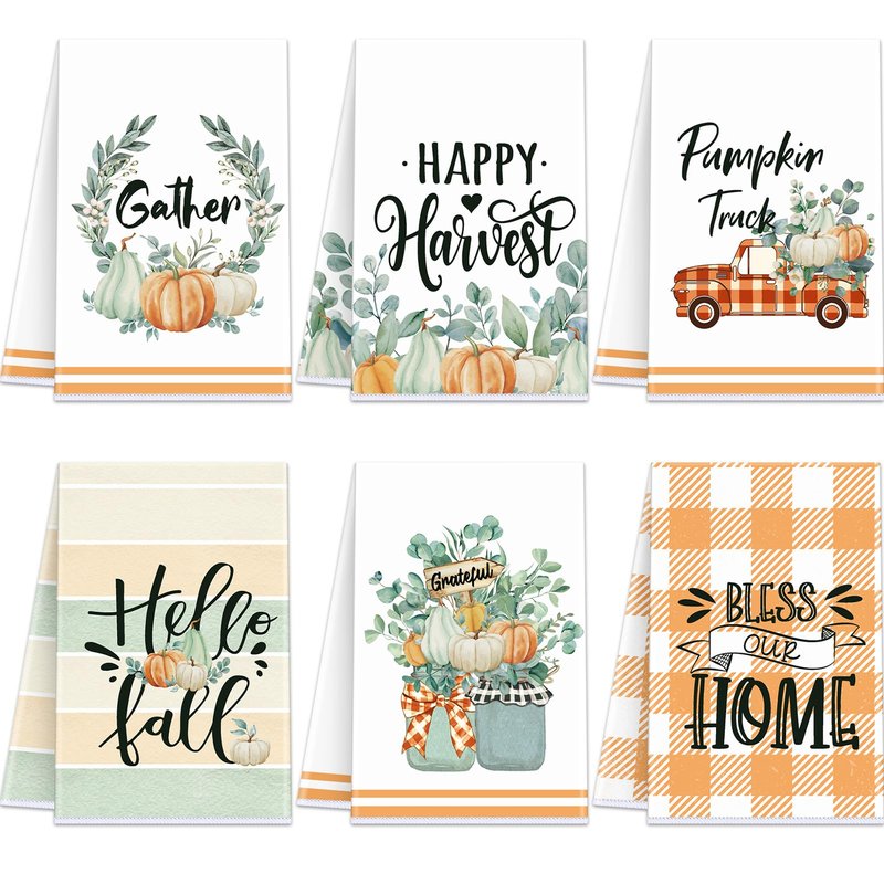 Kajaia 6 Pcs Thanksgiving Kitchen Towels Set Fall Hand Towels Absorbent Buffalo Plaid Autumn Pumpkin Truck Eucalyptus Leaves Decorative Tea Dishcloths for Bathroom Home Farmhouse Decor Harvest Gifts