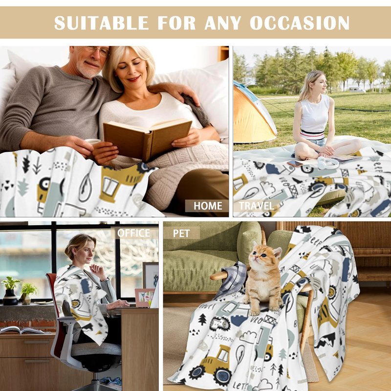 Cute Cars Truck Tractor Bulldozer Excavator Throw Blanket Soft Warm Cozy Lightweight Flannel Blanket for Bedding Sofa Travel 50"X60"