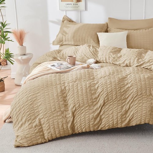 HYMOKEGE Twin Comforter Set - Luxury 5-Piece Seersucker Bedding Set in Khaki for All Seasons