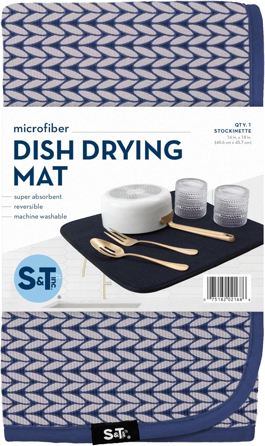 S&T INC. Dish Drying Mat - Absorbent Microfiber Kitchen Counter Pad, 16” x 18”, Large Blue
