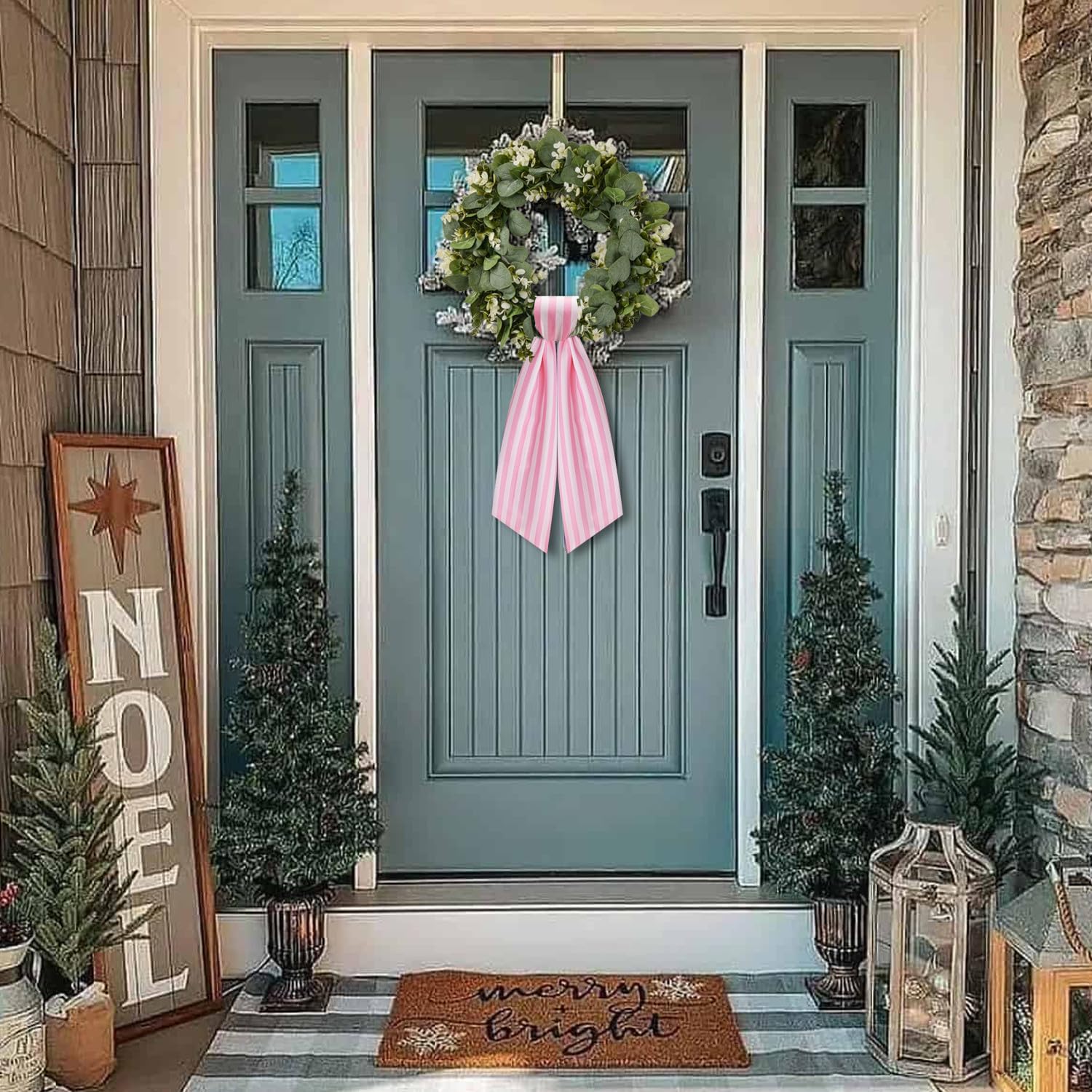 Skiennix 2 Pack Wreath Sash - Stylish Pink and White Stripe Boxwood Garland Decor for Front Door