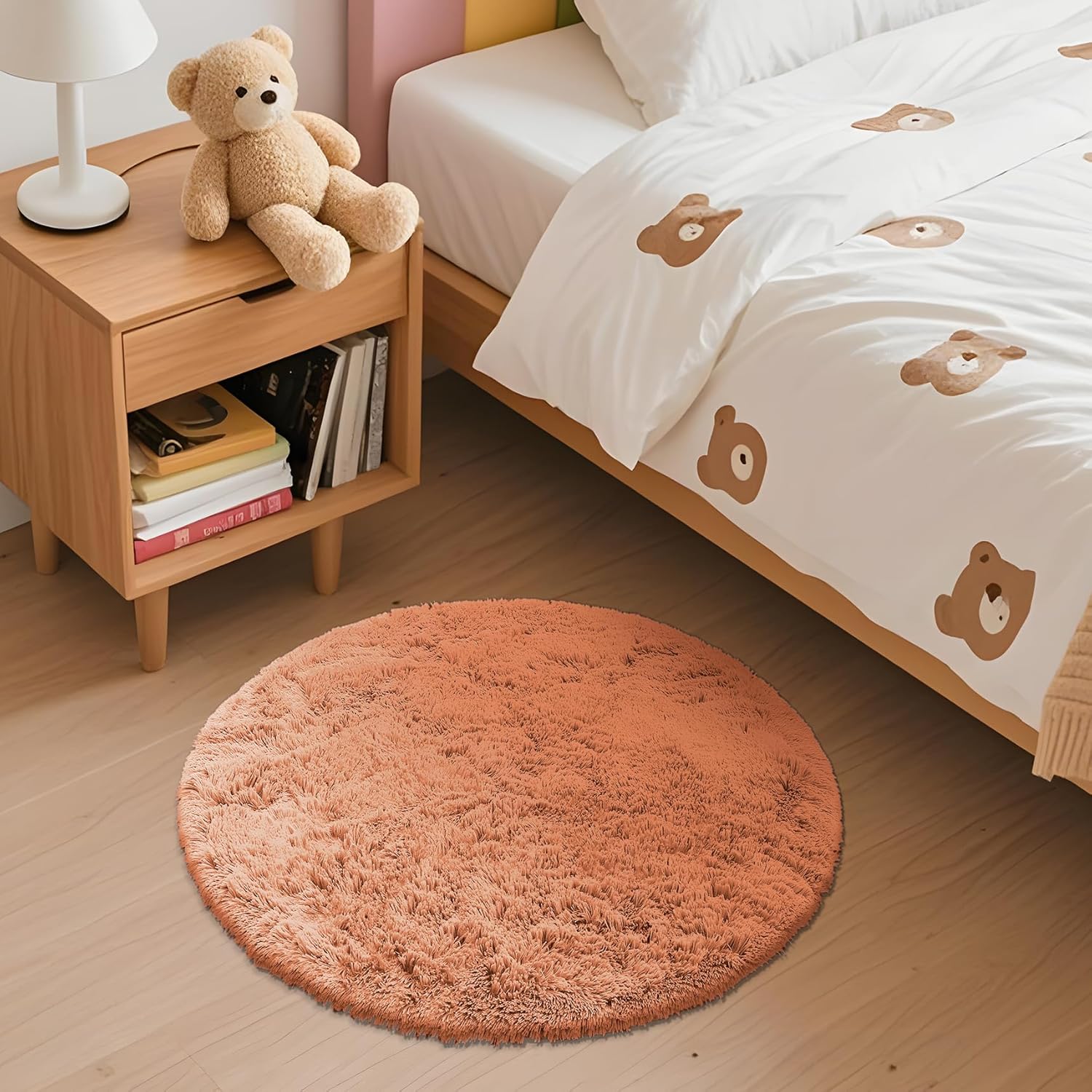 OLANLY Round Area Rug - Muted Orange, Soft & Fluffy Shaggy Carpet for Bedroom & Living Room, 2 ft