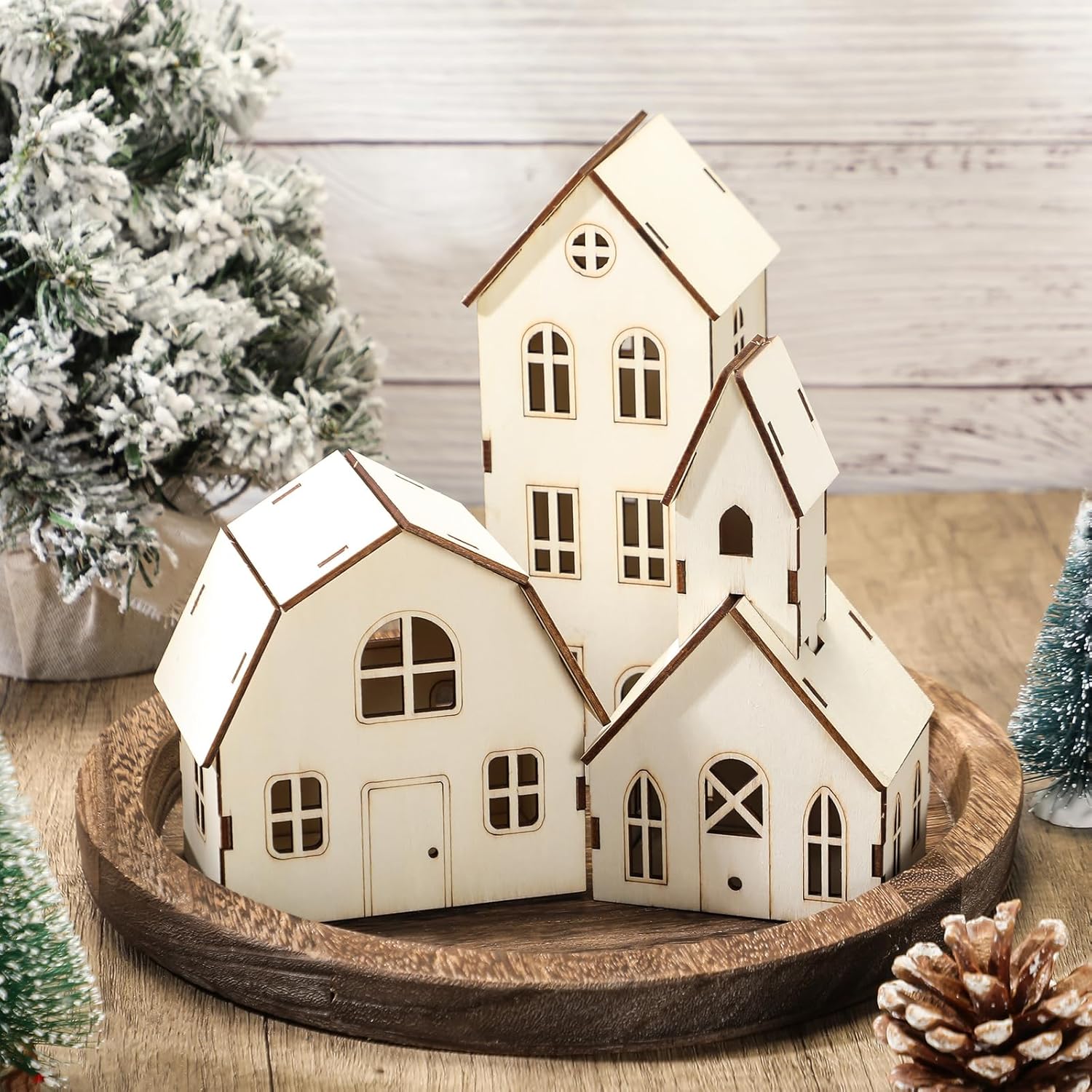 Wonderjune DIY Christmas Village Set - 3 Large 8-Inch Wooden Houses for Holiday Crafts & Decorations