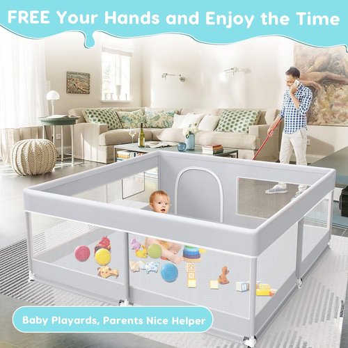 Fshibila Baby Playpen - 50x50 Inch Sturdy Playard for Indoor & Outdoor Use | Soft Breathable Mesh, Grey