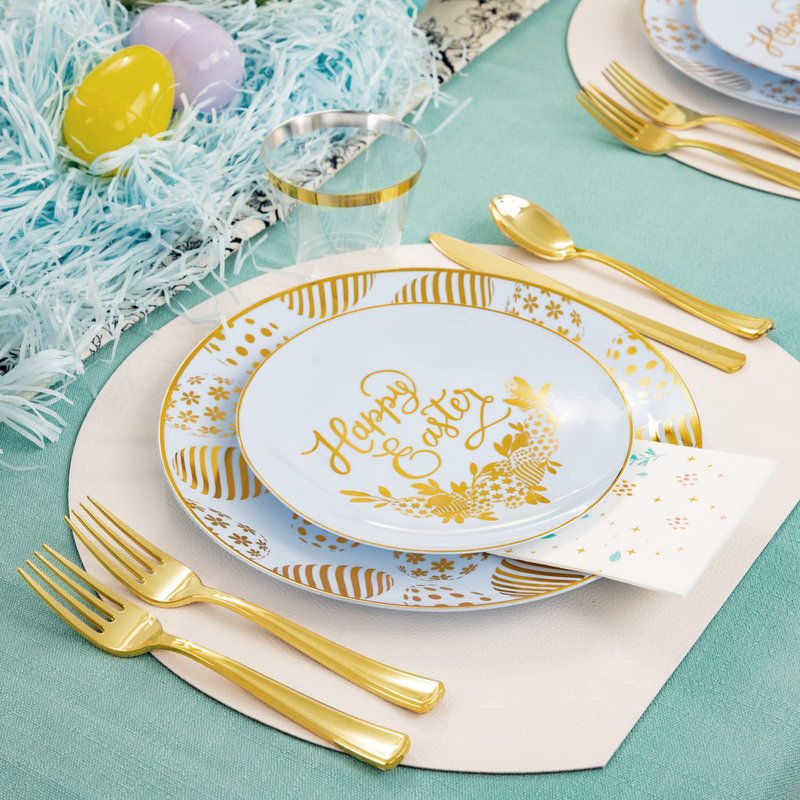 Morejoy 175pcs Easter Plastic Plates,Blue Plastic Plates Disposable Ice Blue Plates Include 25 Dinner Plates,25 Dessert Plates,25 Cups,25 Forks,25 Knives,25 Spoons,25 Napkins Perfect for Easter Party