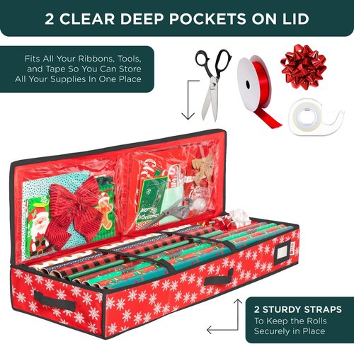 HOLDN' STORAGE Premium Wrapping Paper Storage Container - Durable 600D Tear-Proof Design | Fits 27 Rolls, Extra Pockets for Ribbons & Bows, Red/White Snowflakes