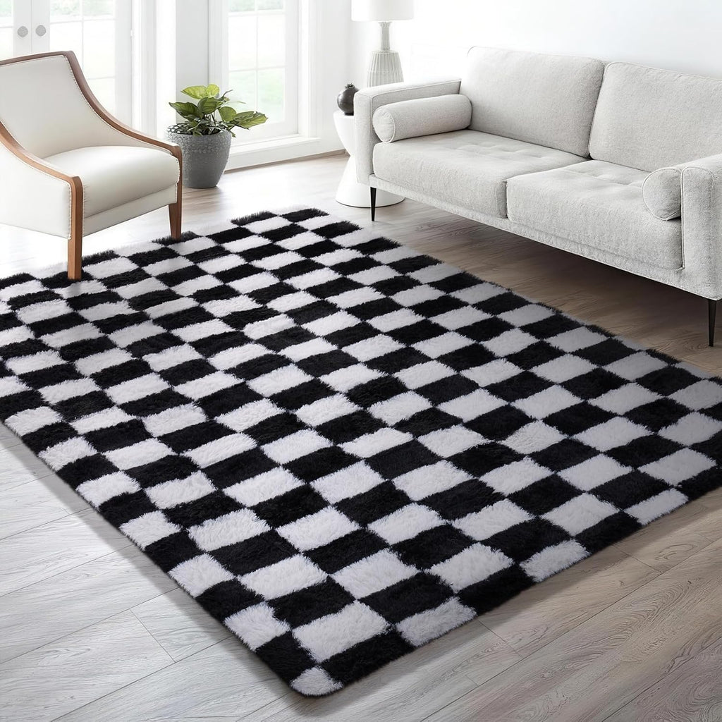 Ophanie Checkered Black & White Area Rug - Fluffy Soft Shaggy Carpet for Living Room & Bedroom | 6x9 Furry Design