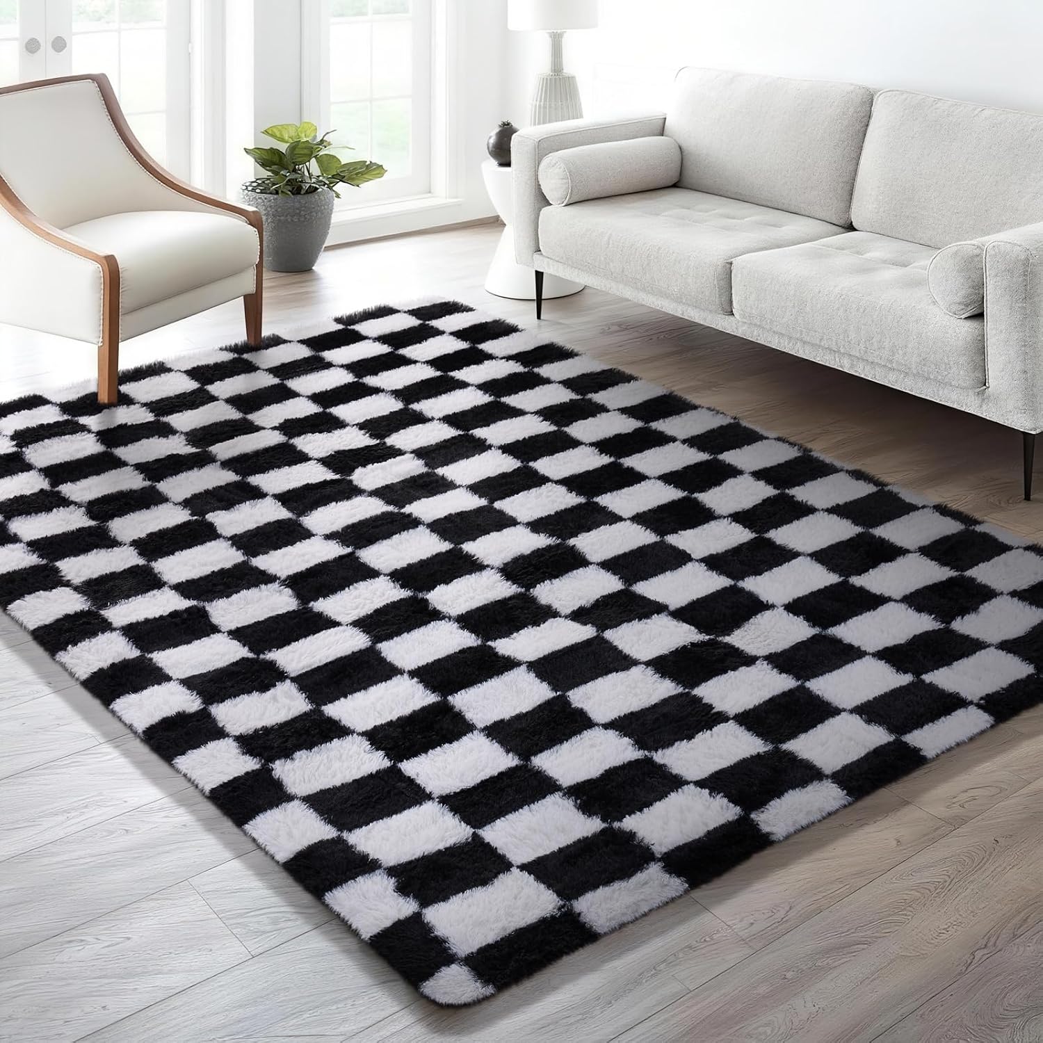 Ophanie Checkered Black & White Area Rug - Fluffy Soft Shaggy Carpet for Living Room & Bedroom | 6x9 Furry Design
