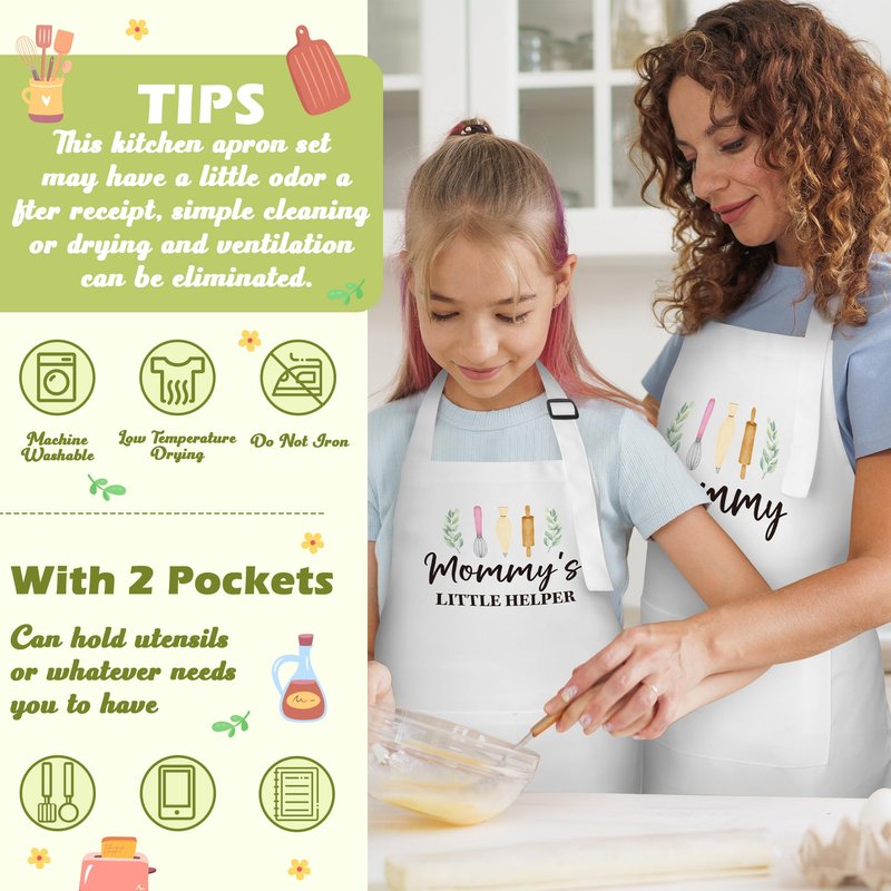 R HORSE 2Pcs Adults Kids Matching Apron Set Mommy and Me Adjustable Kitchen Apron with 2 Pockets Parent and Child Matching Gift for Mother's Day Women Daughter Cooking Baking Painting Training