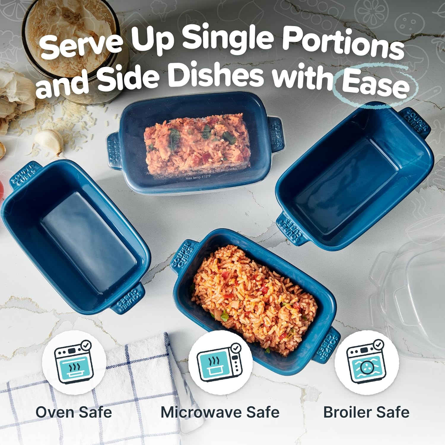 Souper Cubes Stoneware - Small 5" x 3" Ceramic Baking Dish Set with Silicone Covers | Blueberry Color, Perfect for Reheating Single Servings