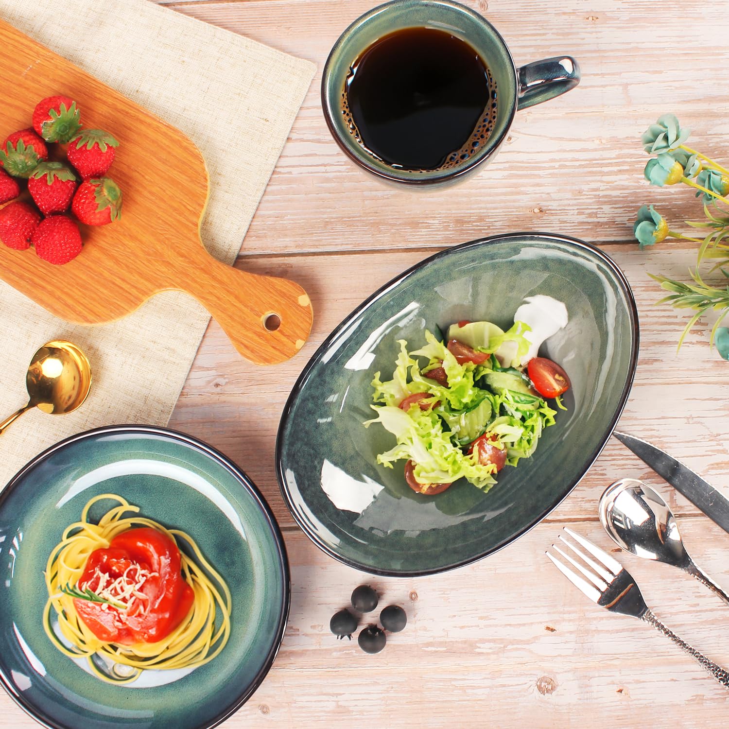 LIUYWYHCF Ceramic Serving Platters Set of 4, 9.6 Inch Curved Oval Deep Salad Plates for Entertaining, Modern Kitchen Dishes, Trays for Dinner, Fruit, Salad, Pasta, burgers - Dishwasher Microwave Safe