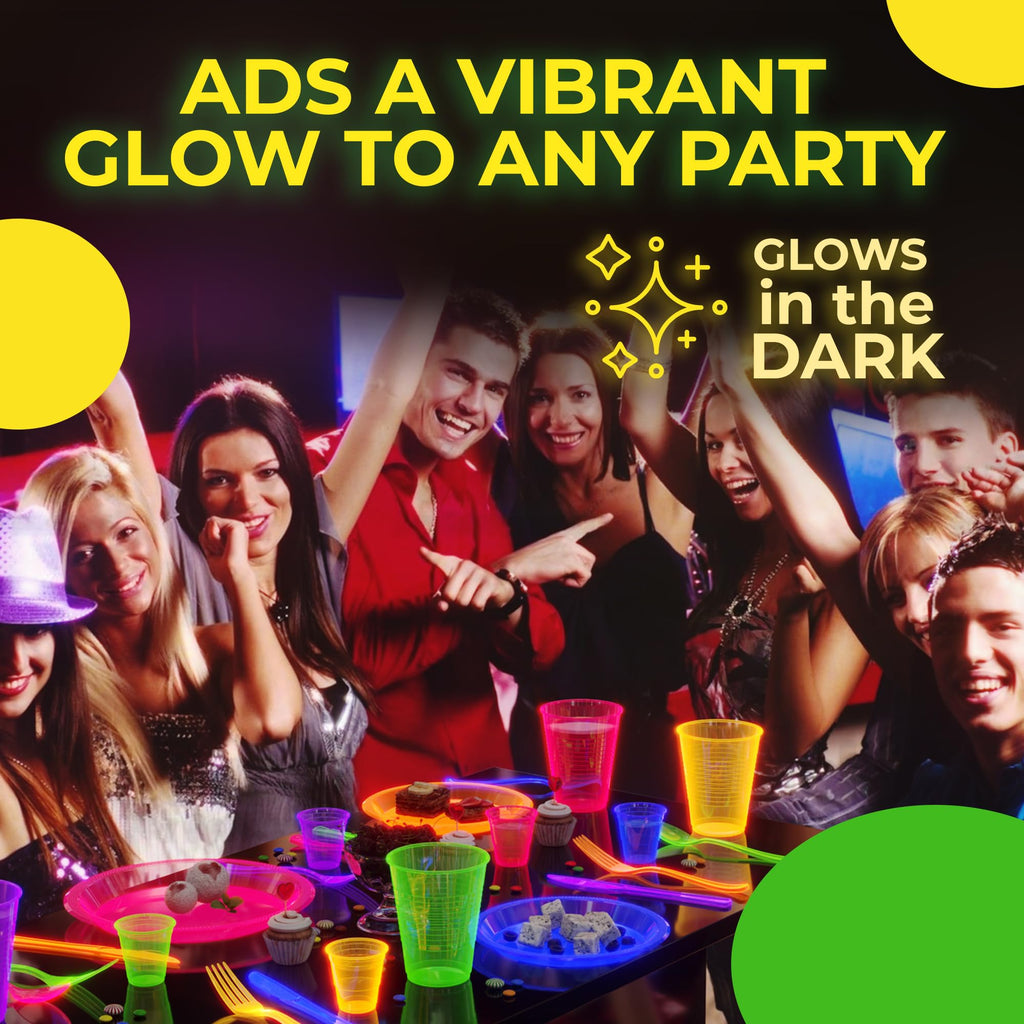 360 PCS Neon Party Combo Pack - 60 9" Plates, 60 7" Glow Plates, 60 12oz Cups, 60 Cutlery Sets - Blacklight Disposable Tableware