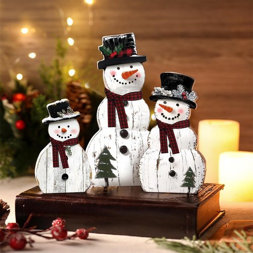 Barydat Christmas Snowman Wooden Decorations - Rustic Table Centerpieces for Holiday Decor | 3 Pcs Set