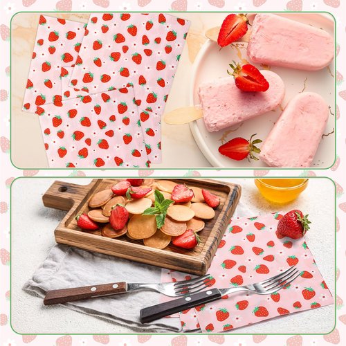 Janlaugh 100 Pcs Strawberry Paper Napkins Set Disposable Summer Fruit Paper Napkins Pink for Berry Sweet Strawberry Decoration Catering Event Birthday Summer Party Supplies (6.5 x 6.5 Inches)
