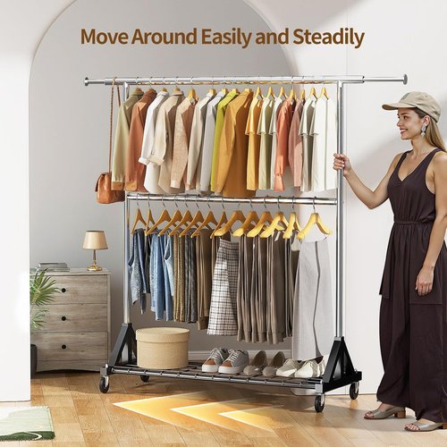 Luxspire Heavy Duty Clothes Rack - 600 LBS Capacity, Double Rod Design, Adjustable Shelves & Lockable Wheels