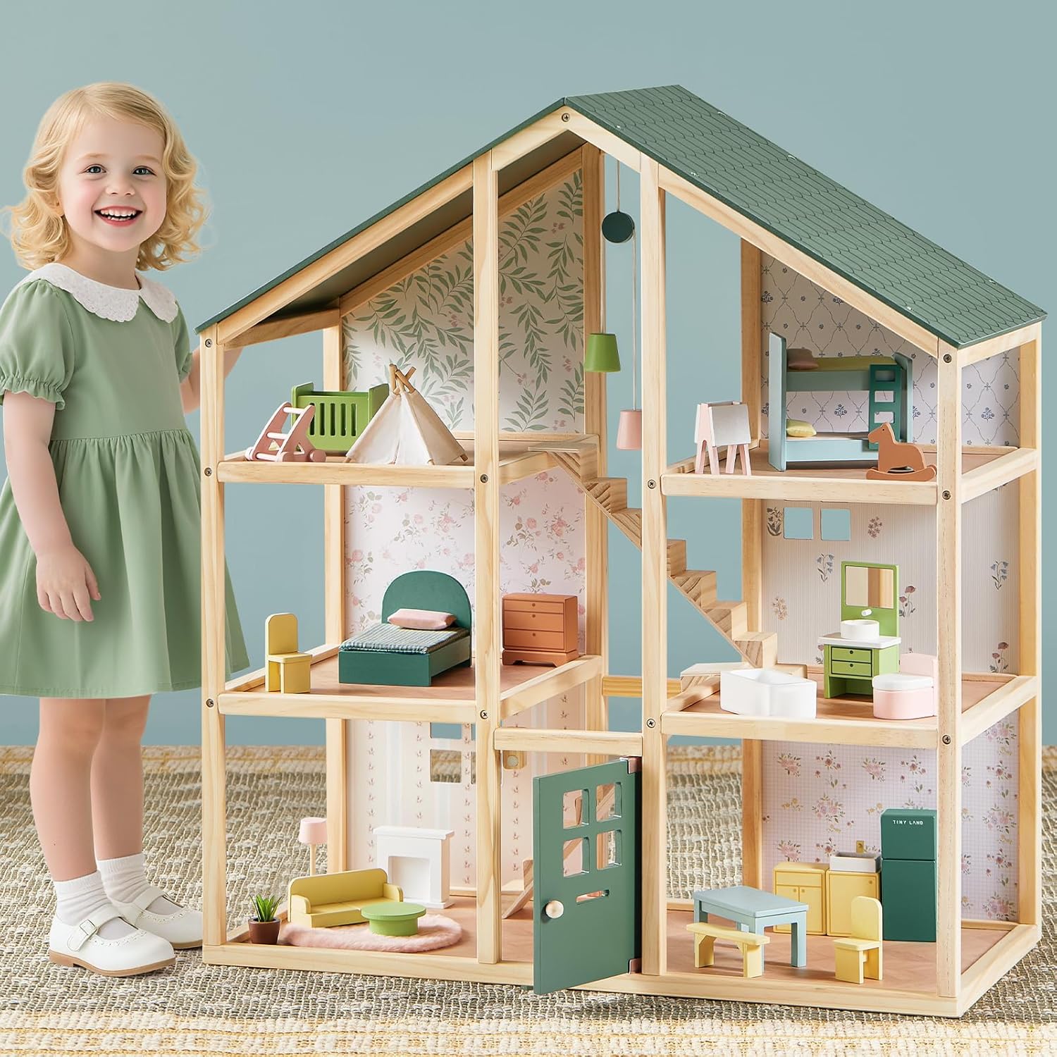 Tiny Land Wooden Dollhouse - 6 Rooms DIY Dollhouse with 31 Furniture Accessories | Creative Gift for Girls Ages 3+
