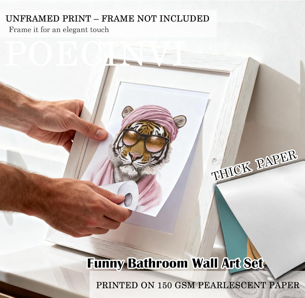 Poecinvi Pink Tiger Bathroom Wall Art Prints - Trendy Animal Decor Set of 4 | 8x10 Unframed