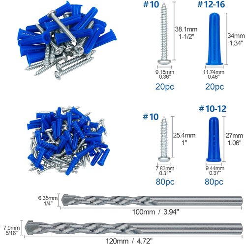 KURUI Wall Anchors & Screws Kit - 200PCs Concrete & Drywall Anchors with Drill Bit | 100 Brick Anchors