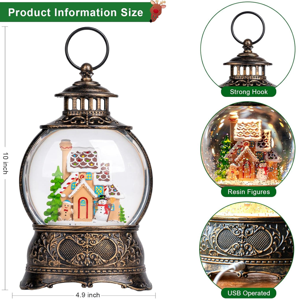 Regine Switzerland Christmas Snow Globe - Gingerbread Man & Snowman Water Lantern with Music & Timer | USB/Battery Operated for Festive Decor