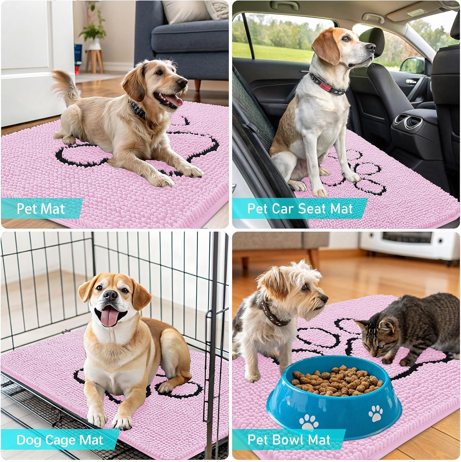 OLANLY Dog Door Mat - Absorbent Non-Slip Muddy Paws Design | 36x24 Pink Chenille Doormat