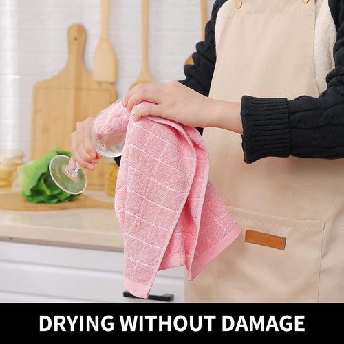 Homaxy 100% Cotton Terry Kitchen Towels - Soft & Super Absorbent Checkered Design | Pink, 13 x 28 Inches, 4 Pack
