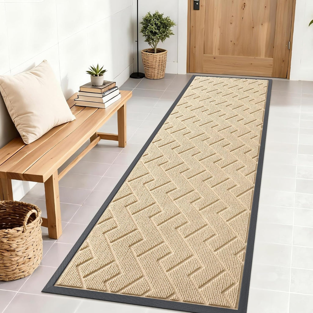 OLANLY Waterproof Front Door Mat - All-Season Natural Rubber Doormat | Easy Clean Herringbone Design (Beige, 71x23)