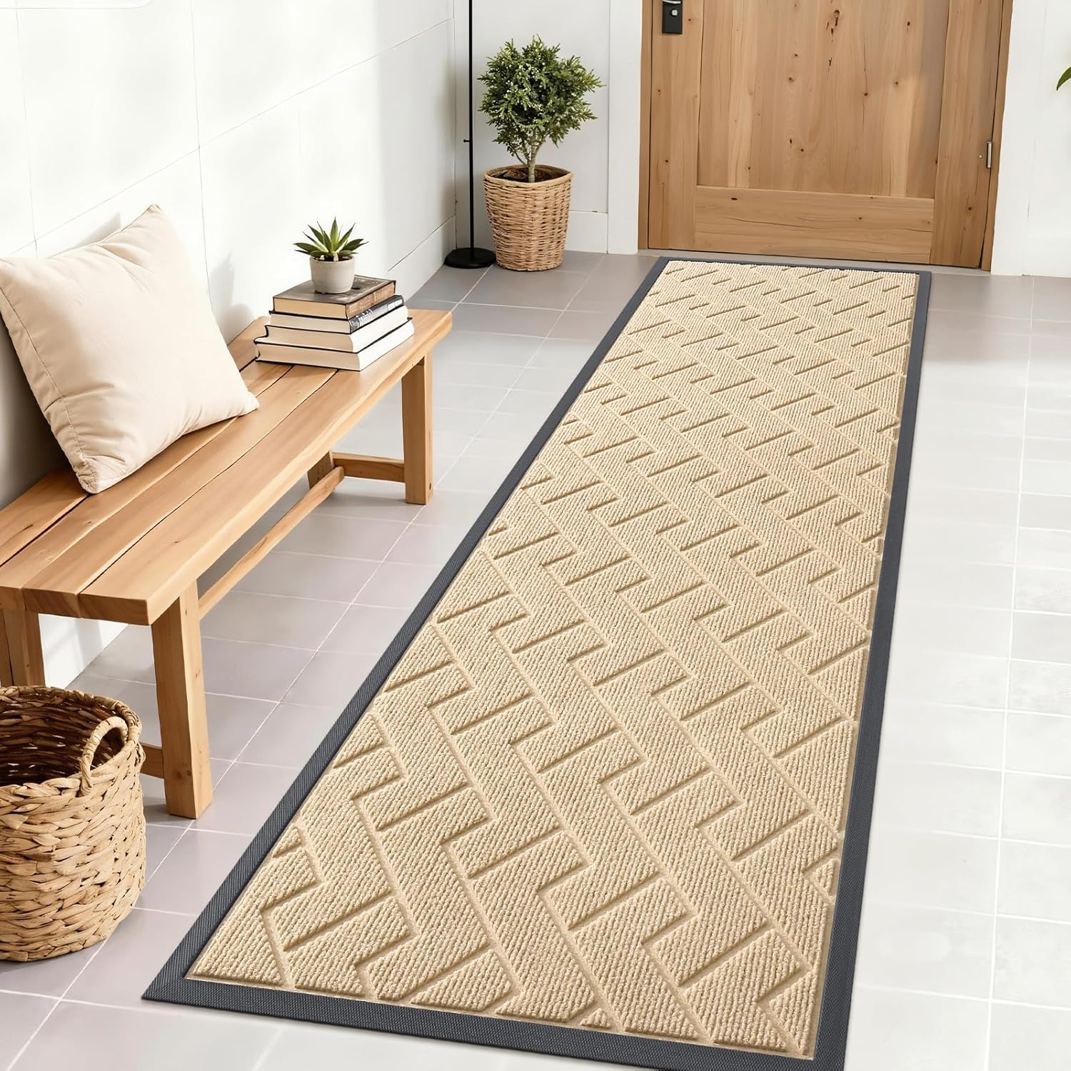 OLANLY Waterproof Front Door Mat - All-Season Natural Rubber Doormat | Easy Clean Herringbone Design (Beige, 71x23)