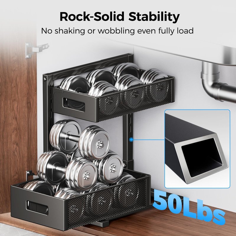 HAIREALM 2 Pack Under Sink Organizer, Adjustable Height Under Sink Organizers and Storage, Smooth & Silent Sliding Out Metal Drawer for Kitchen Bathroom Pantry Cabinet Closet (White)